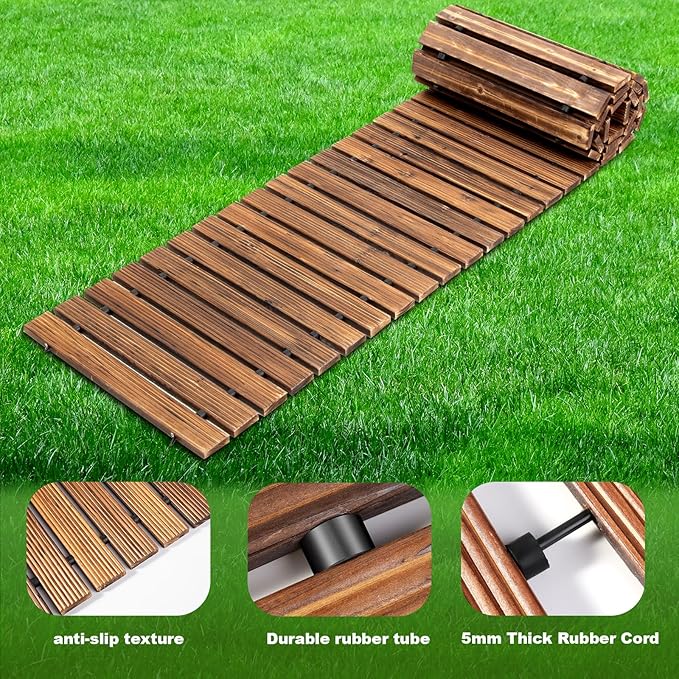 LINSHRY 8FT Wooden Garden Pathway, Outdoor Roll Out Decorative Garden Walkway, Weather-Resistant Non-Slip Hardwood Pathway for Garden, Backyard, Beach, Wedding Party Pathways(Dark Brown)