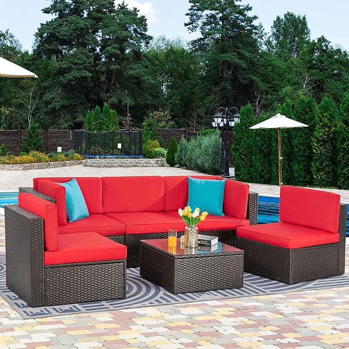 Vongrasig 7 Piece Patio Furniture Sets with 45 Inch Fire Pit Table All Weather PE Wicker Rattan Outdoor Sectional Sofa Couch Conversation Set w/Glass Table for Lawn, Garden, Backyard (Red)