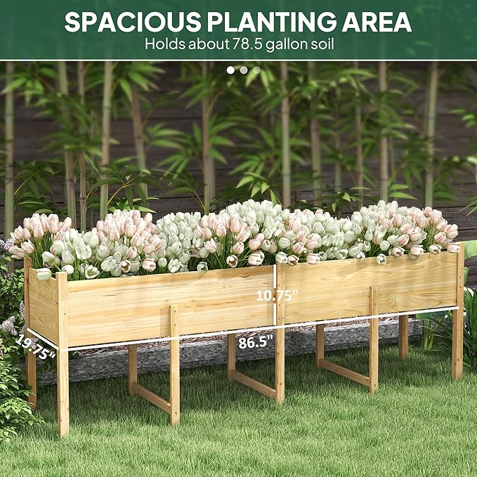 Outsunny Wooden Raised Garden Bed with Legs, Large Elevated Planter Box with Bed Liner and Drain Holes for Vegetables Flowers Herbs, Outdoor and Indoor, 7.4' x 1.8' x 2.6', Natural Wood