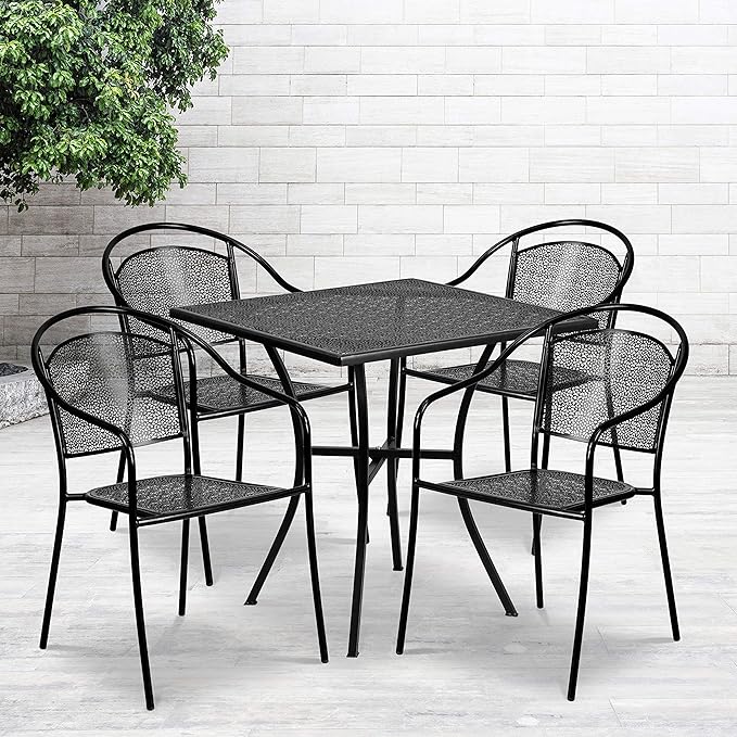 Flash Furniture Oia Commercial Grade 28" Square Black Indoor-Outdoor Steel Patio Table Set with 4 Round Back Chairs