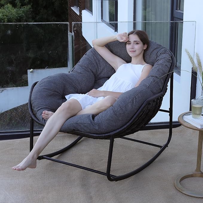 Oversized Rattan Rocking Chair Outdoor, Papasan Chair Rocking, Outdoor Rocking Chair with Padded Cushion, Outdoor Wicker Rocking Chair for Front Porch, Garden, Patio (Dark Grey)