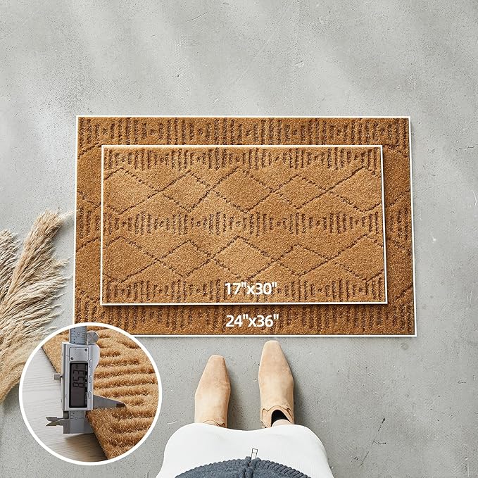 Front Door Mat Indoor Outside Entrance, Heavy Duty Dirt Trapper Coir Doormat with Non Slip Backing Entryway Rug for Front Back Door, 24x36, Brown