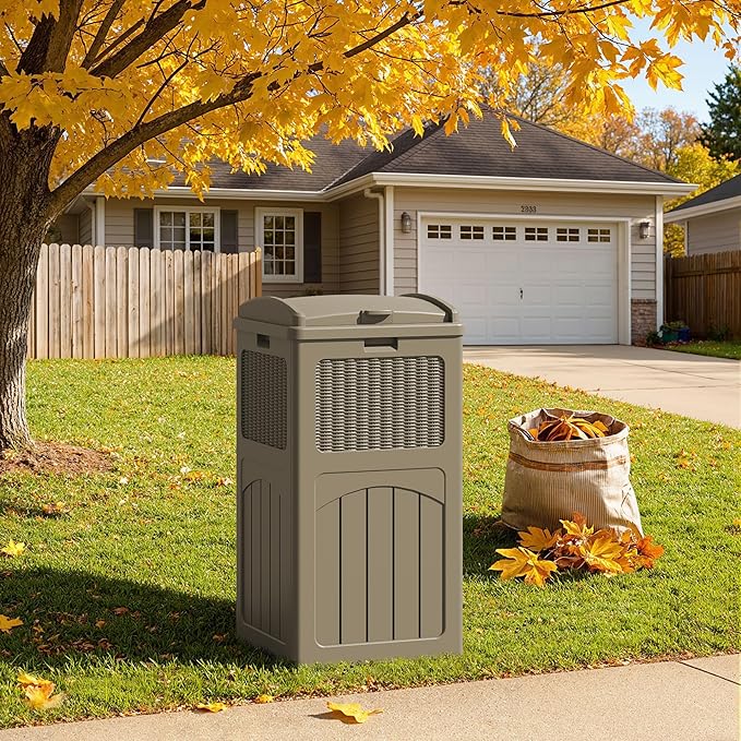 YESHOMY 33 Gallon Resin Outdoor Trash Can with Lid, Hideaway Waterproof Patio Garbage Bin, Coffee