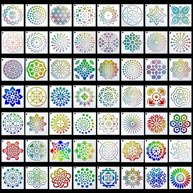 Augshy Mandala Stencils, 56 Pack Mandala Dot Painting Stencils for DIY Rock Art Projects on Wood Furniture Decoration (3.6x3.6 inch)