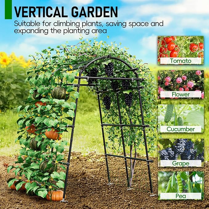 SPECILITE Garden Arch Trellis 88.58" Extra Tall for Climbing Plants Outdoor, Steel Stainless Arched Arbors Tunnel Trellis with Netting, Metal Cable Ties for Cucumber Tomato Pea Vines Fruit
