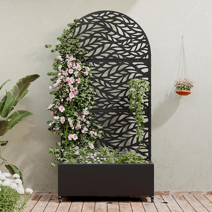 Casaphoria Metal Raised Garden Bed with Trellis and Wheels, 72"x35"x16" Planter Box for Climbing Plants, Vegetables & Vines, Features Drainage Holes and Privacy Screen (Black-Spring)
