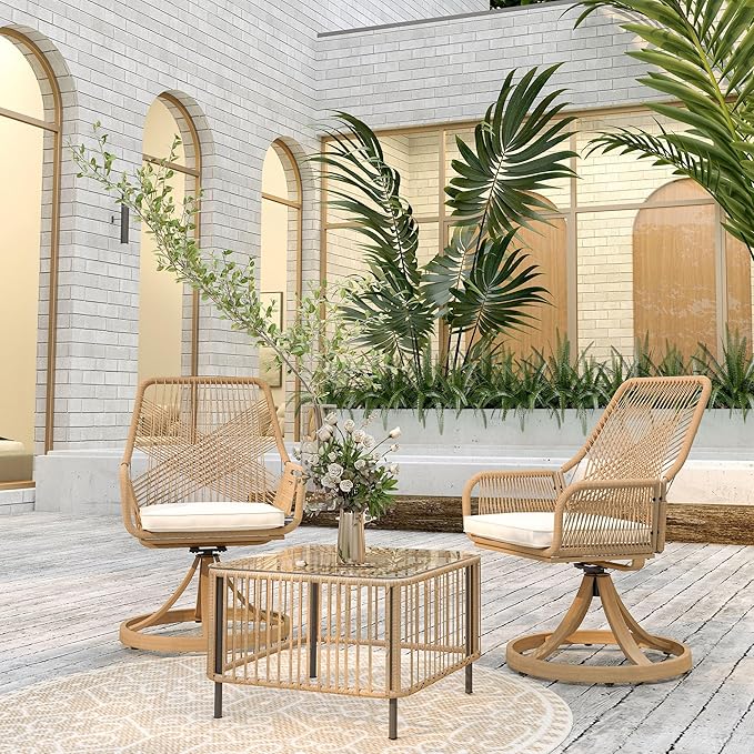Outsunny Swivel Patio Chairs Set of 2, Rattan Outdoor Patio Dining Chairs with Soft Cushions and Metal Frame for Backyard, Lawn, Porch, or Garden, Khaki
