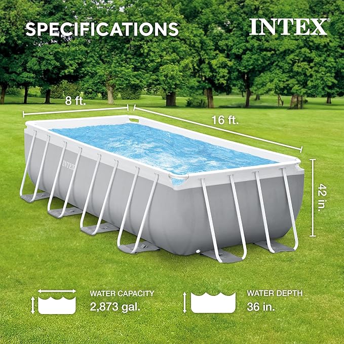 INTEX 26791EH Prism Frame Premium Rectangular Above Ground Swimming Pool Set: 16ft x 8ft x 42in – Complete Set Includes 1000 GPH Cartridge Filter Pump