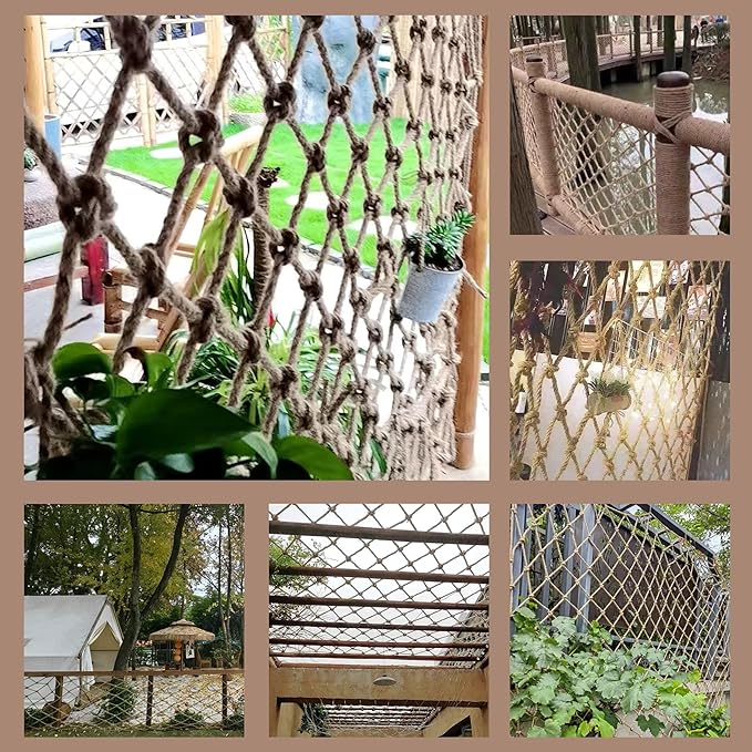 Safety Hemp Rope Net Kids Climbing Safety Netting Children Balcony Stairs Fence Railing Garden Playground Protection Heavy Duty Tree House Indoor&Outdoor Decor Rope Net 10mm/10cm 6.6x32.8ft(2x10m)