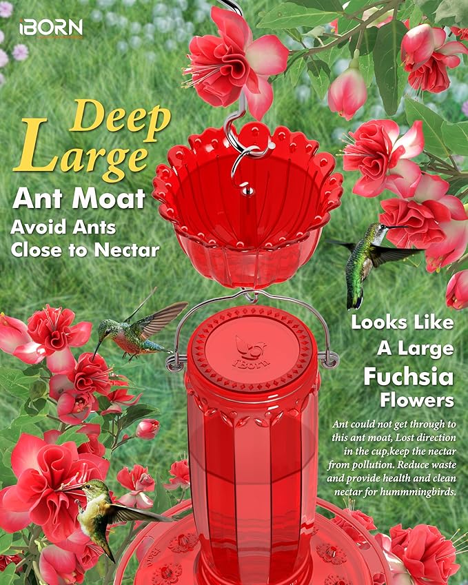 iBorn Hummingbird Feeders for Outdoors Hanging with Ant Moat for Hummingbird Feeder Glass 12 Ports for 16oz Humming Bird Nectar, Red Glass, Pack of 1