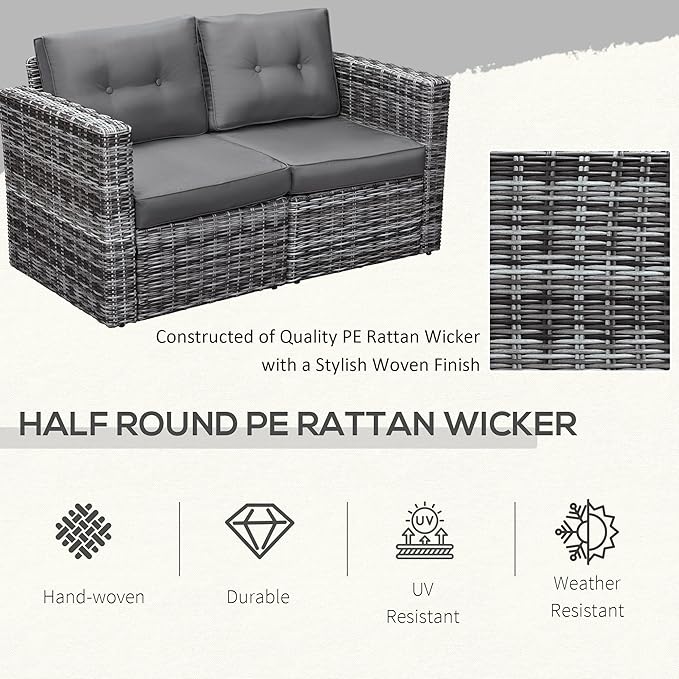 Outsunny 2 Piece Patio Wicker Corner Sofa Set, Outdoor PE Rattan Furniture, with Curved Armrests and Padded Cushions for Balcony, Garden, or Lawn, Gray