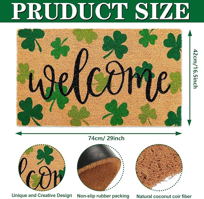 Whaline St. Patrick's Day Natural Coir Door Mat Gradient Green Shamrock Pattern Welcome Mat Non-Slip Lucky Clover Entrance Door Rugs for Indoor Outdoor Home Bathroom Decor, 16.5 x 29 Inch