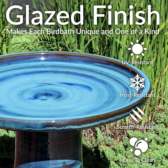 Sunnydaze 21" H Ceramic Bird Bath for Outside - Hand-Painted Outdoor Bird Bath Bowl, UV/Frost-Resistant Finish - Galaxy Blue
