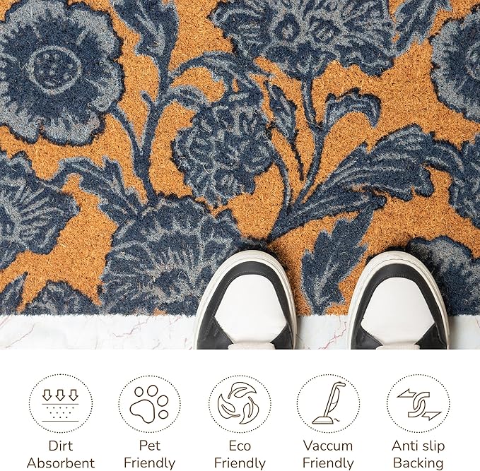 Coir Door Mat, Floral Print Entryway Floor Mats with Non-Slip PVC Backing, Indoor Outdoor Mat for Front Door Decor, Door Mat, Welcome Mats with Chelsea Flower Print, Blue, 30”x 17”