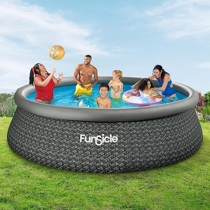 Funsicle Quickset Designer 12' x 36" Round Above Ground Swimming Pool, with FiltraBoost 800 GPH Filter Pump, Type D Filter Cartridge & Repair Patch, Dark Herringbone Print
