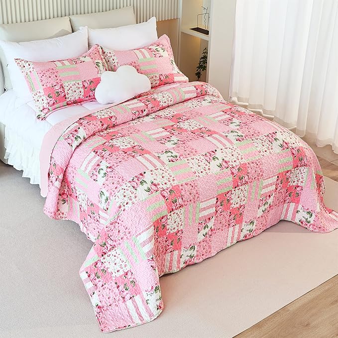 Cmfshape Floral Bedspread with 1 Pillow sham-Twin Size,Patchwork Pink Quilt Set 2 Piece,Summer Quilt for Girls Women,Lightweight Reversible Bed Coverlet for All Seasons(Twin68 x86 Pink)