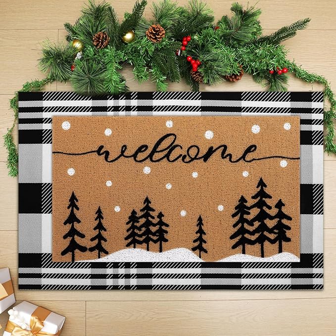 Tinideya 2 Pcs Winter Door Mat Christmas Welcome Non Slip Coir Mats Floor Layering Christmas Tree Snowy Black White Buffalo Plaid Doormats Seasonal for Front Porch Entryway Decor(Snowy Tree)