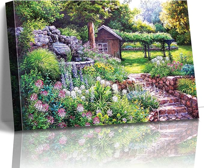 STUDIO HAVEN Thomas Kinkade Canvas Wall Art, Garden Cottage Stone Pathway Fountain Lush Blooms and Tranquil Retreat Oil Painting Poster Rustic Wall Decor, Framed Prints for Home Decor, 40x28Inch