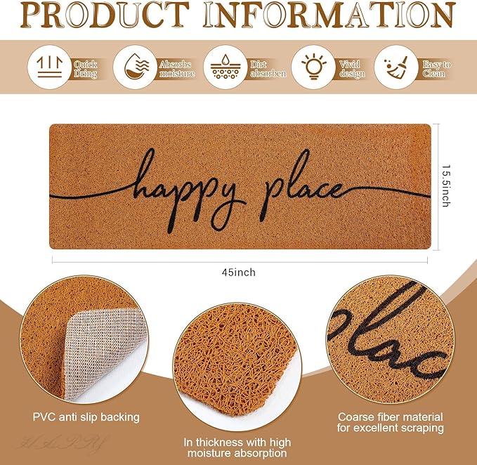 Long Doormat 48''x16'' Front Door Mat for Entrance Inside Outdoor Large Decorative Door Rug Welcome Mat for Outside Home Entry(Happy Place,Yellow)