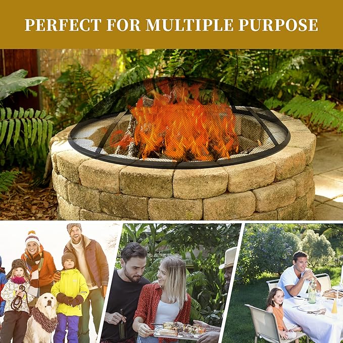 24Inch Round Fire Pit Spark Screen Cover,Outdoor Patio Mesh FirePit Screens,Heavy Duty Steel Domed Fire Pit Ember Guard with Handle