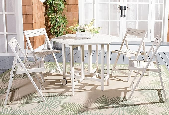 SAFAVIEH Outdoor Collection Kerman White Acacia Wood Hexagon Table & 4 Chair Foldable Set (Fully Assembled)