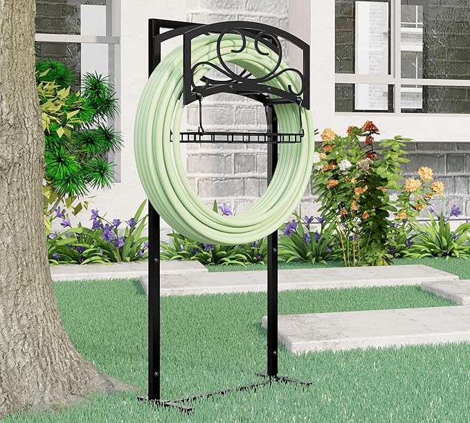 Kingson Freestanding Garden Hose Holder with Storage Basket - Heavy-Duty Black Powder-Coated Steel, Holds 150FT Hose, Detachable & Portable Design with Assembly Tools, Ideal for Outdoor Use
