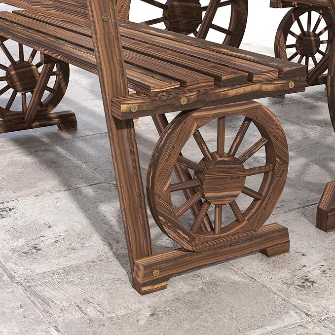 Outsunny Outdoor Table and Chairs for 4 People, Wooden Patio Table and Dining Bench Set, 3 Piece All Weather Furniture Set with Wagon Wheel Design for Backyard Garden, Deck, Carbonized