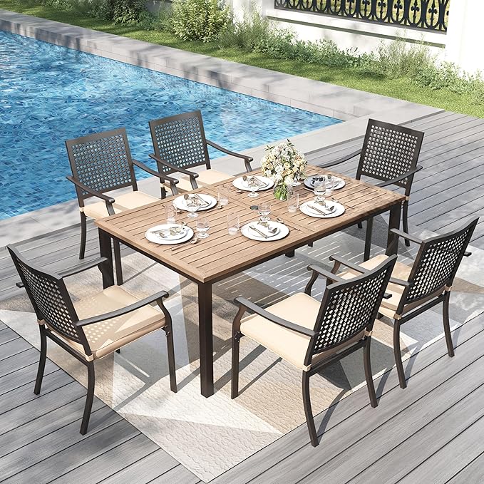 PHI VILLA 7 Pieces Outdoor Set for 6, 65” Wood-Like Metal Steel Dining Table & Stackable Iron Chairs with Cushions, Large Modern Furniture Set for Patio, Deck, Yard, Porch