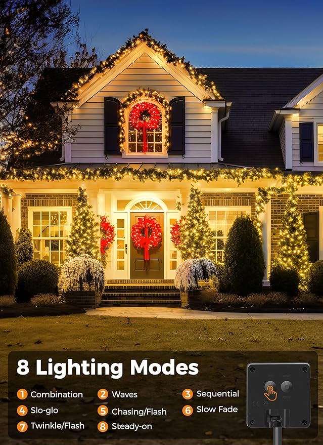 Minetom Solar String Lights for Outside, 4 Pack Total 160FT 400 LED Solar Christmas Lights Outdoor with 8 Modes, Solar Lights Outdoor Waterproof, Christmas String Light for Tree House, Warm White