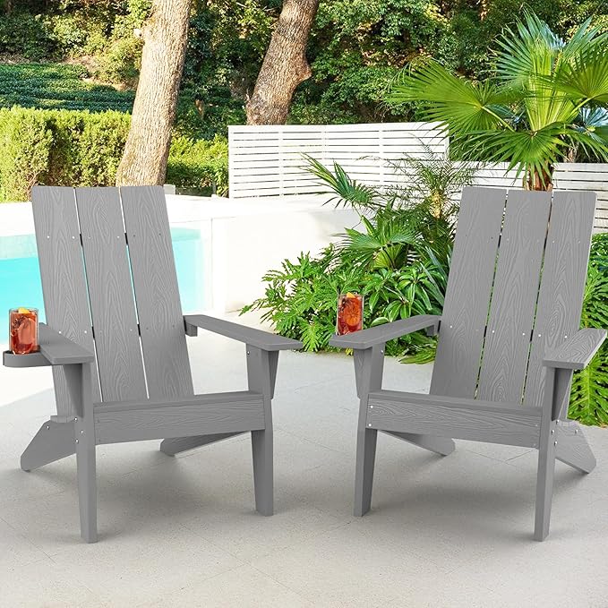 MXIMU Modern Adirondack Chairs Set of 2 Weather Resistant with Cup Holder Oversize Plastic Fire Pit Chairs Adorondic Plastic Outdoor Chairs for Firepit Area Seating (Grey)