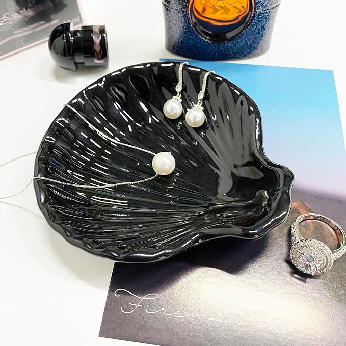 Shell Shape Ring Holder Dish, Seashell Jewelry Dish Tray, Ceramic Trinket Tray for Rings Earrings Necklaces Bracelet, Birthday Mother's Day Christmas Gift for Mom Friend Sister, 3.9", Black
