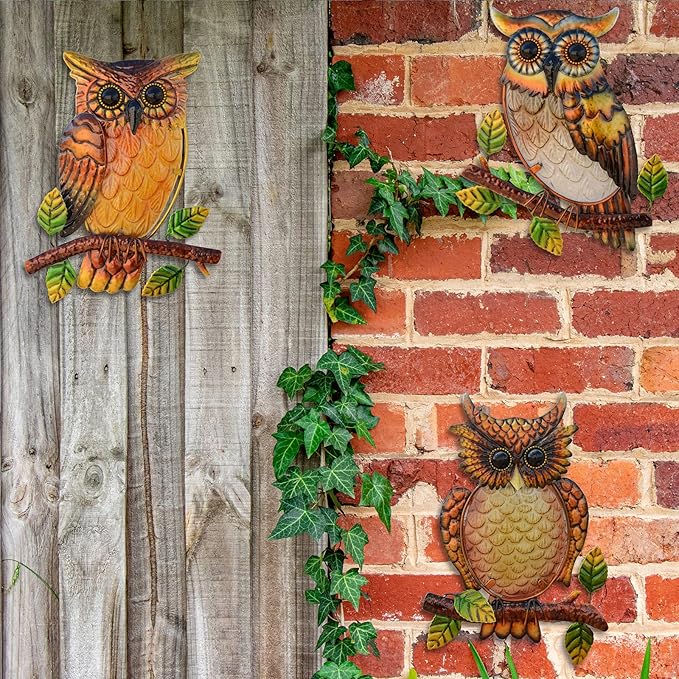 Owl Decor Metal Wall Art Outdoor Indoor,9 Inch Set of 3,Exquisite Owl Decorations for Home Garden Patio Porch Bedroom Kitchen, Metal Bird Wall Art