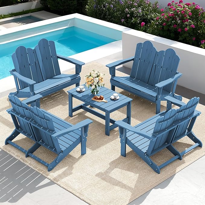 SERWALL 3 Pieces Patio Adirondack Bench Set, 2 Folding Adirondack Bench and 1 Coffee Table Set for Front Porch Garden Balcony Backyard, Navy