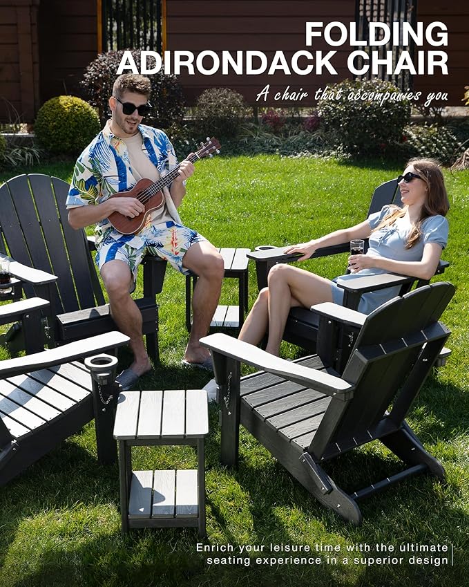 Folding Adirondack Chair Wood Texture, Patio Chairs Weather Resistant, Outdoor Chair, Lawn Chair with Cup Holder, Fire Pit Chair for Deck, Outdoor, Porch, Backyard