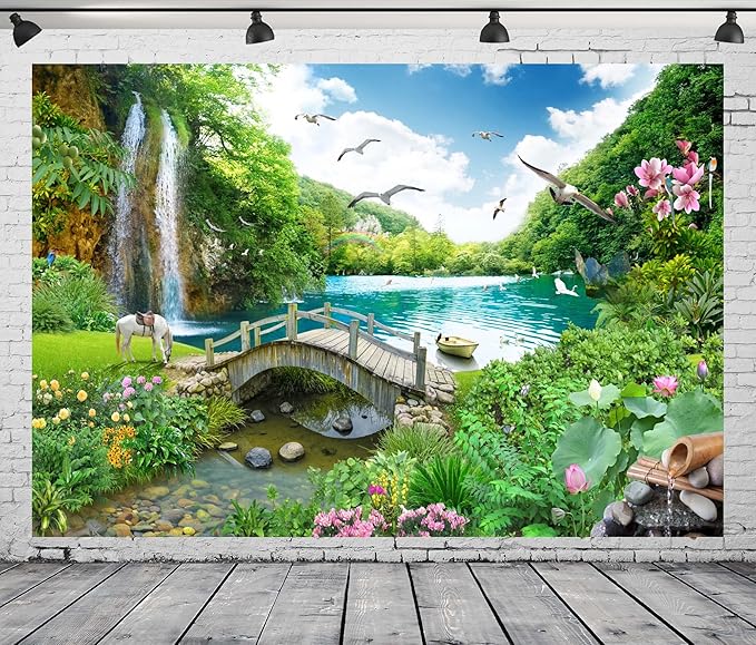 BELECO 20x10ft Fabric Picturesque Garden Backdrop Tropical Landscape Green Mountain Forest Trees Waterfall Lake Flowers Birds Horse River Bridge Fantasy Scenery Background Wall Mural Photo Props