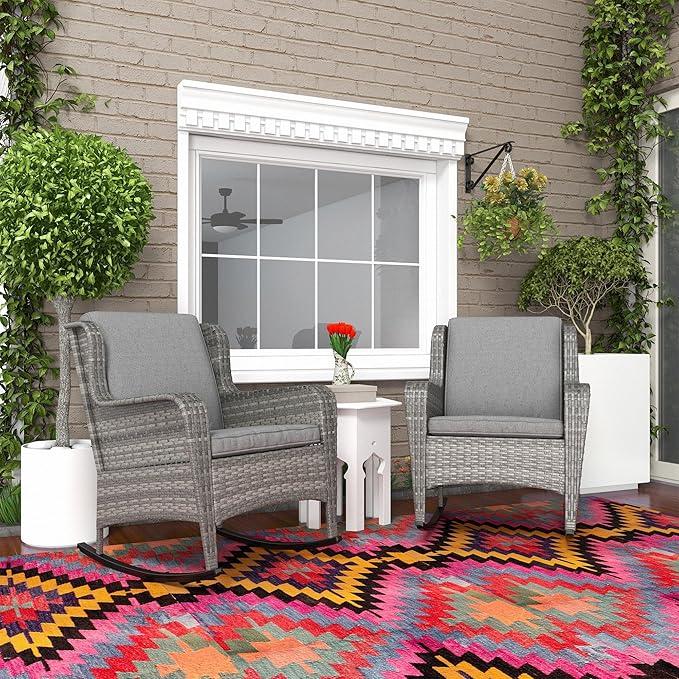 Outsunny Outdoor Wicker Rocking Chair Set of 2 with Wide Seat, Thick Cushions, Rattan Rockers with Steel Frame, High Weight Capacity for Patio, Garden, Backyard, Gray