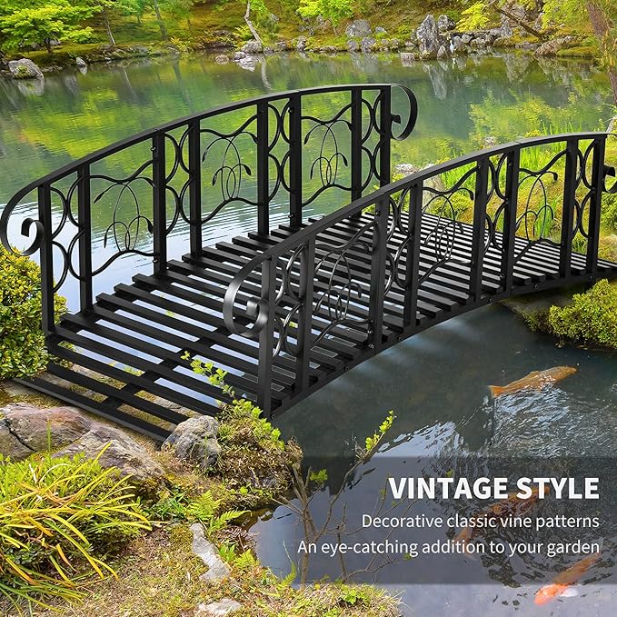 Outsunny 6' Metal Arch Backyard Garden Bridge with 660 lbs. Weight Capacity, Safety Siderails, Vine Motifs, Easy Assembly for Backyard Creek, Stream, Pond, Black