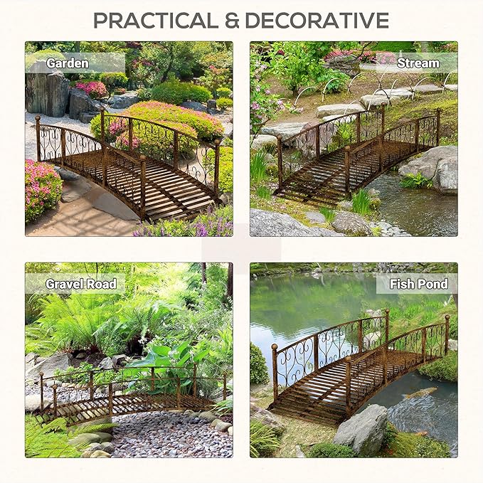 Outsunny 7' Metal Arch Garden Bridge with Safety Siderails, Decorative Arc Footbridge with Delicate Scrollwork S Motifs for Backyard Creek, Stream, Fish Pond, Bronze