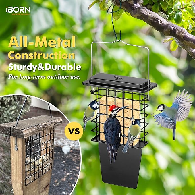 iBorn Metal Suet Feeder with Tail Prop | Durable Suet Cake Cage Bird Feeder for Outdoors，Woodpecker Feeder for Outside Hanging，Heavy-Duty Suet Holder,Easy Clean & Refill,1 Pack,Black