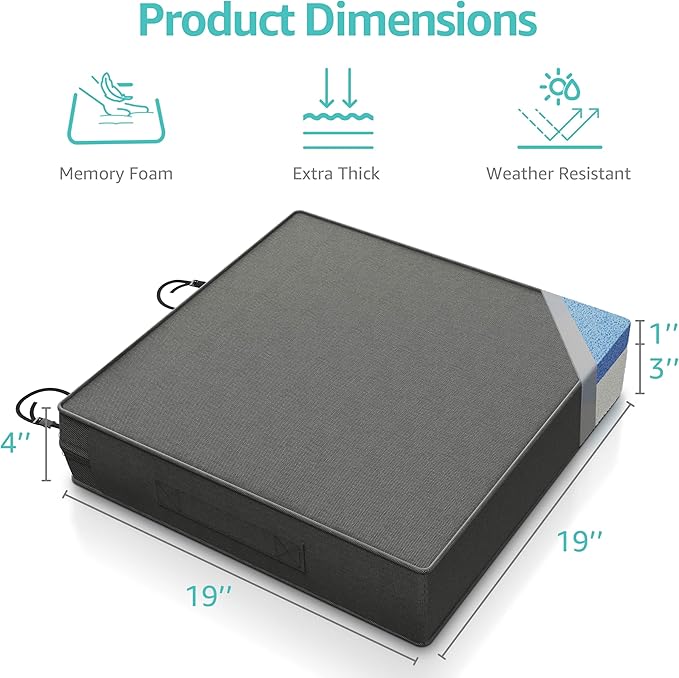 YENING 19x19 Memory Foam Outdoor Chair Cushions Waterproof 4 Inch Extra Thick Patio Seat Pads for Furniture Grey Set of 2