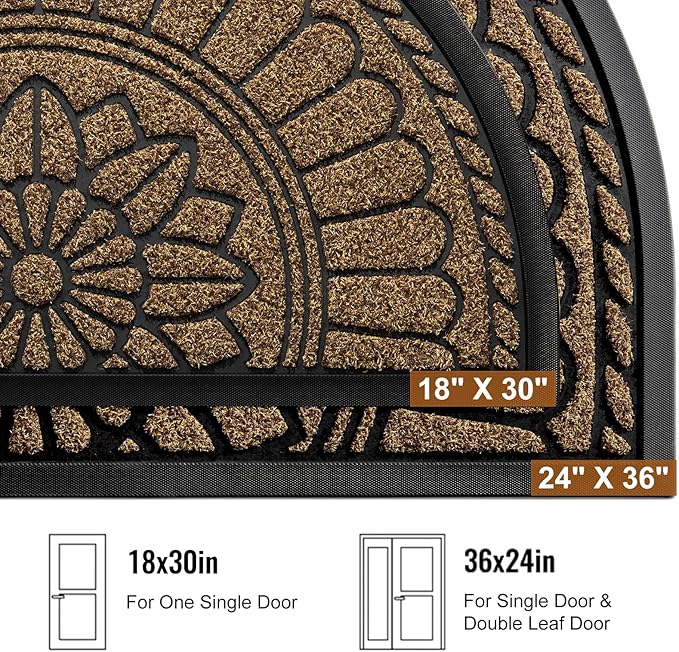 Mibao Front Door Mat Indoor Outdoor Entrance, Semicircular Entrance Mat, Half Round Waterproof Non-Slip Durable Rubber Doormat, Low Profile Heavy Duty Doormat for Garage, Patio, 30" x 18", Brown