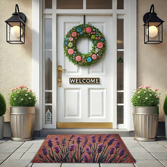 Floral Front Door Welcome Mat, Aesthetic Cute Flower Doormat, Non-Slip Outdoor Entryway Rug,19”x 31" (12.Lavender Leaf)