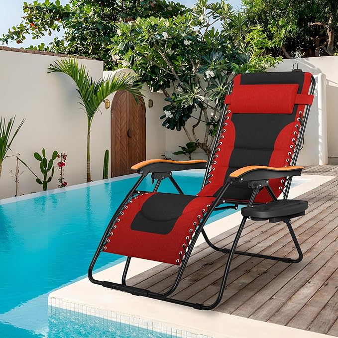 Sophia & William Oversized XXL Zero Gravity Chair, Padded Recliner Outdoor Gravity Chair with Free Cup Holder, Supports 400 LBS (Red)