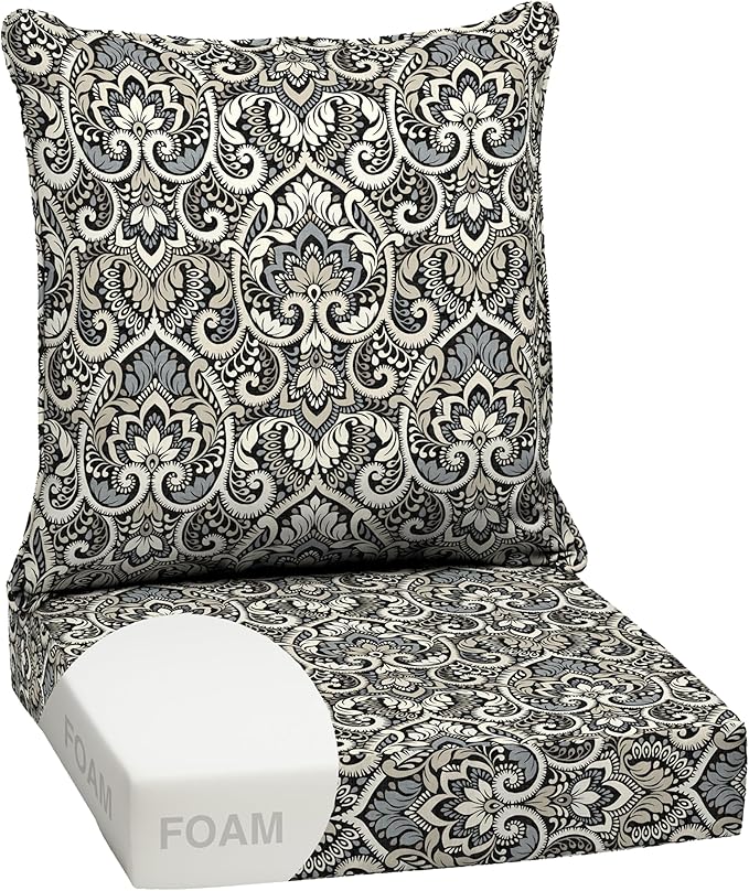 Arden Outdoor Foam Deep Seat Cushion Set, 24 in x 24 in, Weather-Proof, Rain-Proof, Fade Resistant Patio Cushion, Bottom and Back Cushion for Chair, Sofa, and Couch Black Aurora Damask
