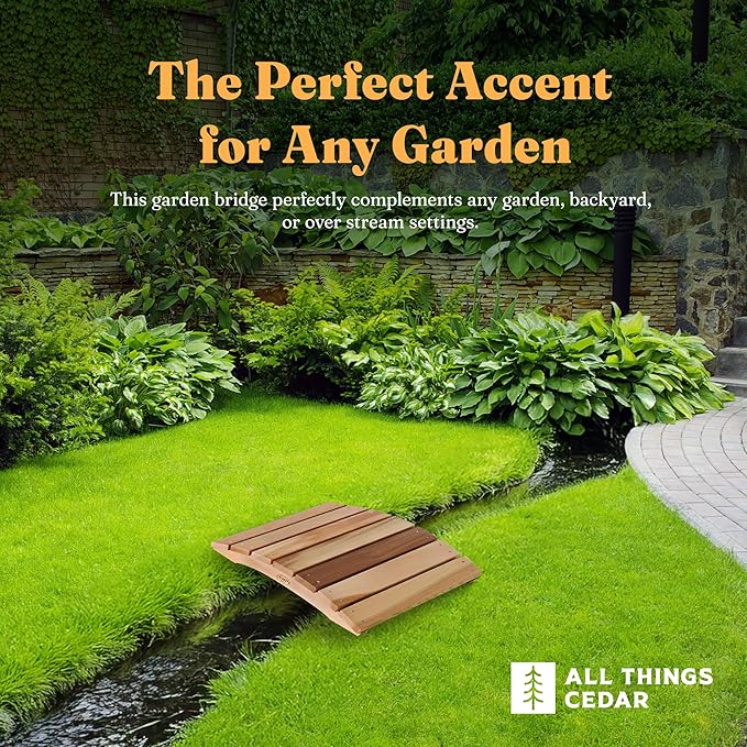All Things Cedar Outdoor Wooden Garden Bridge for Walkway, Backyard Pond, 2’, Natural