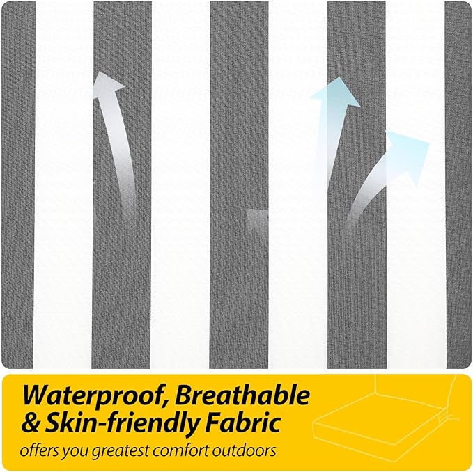 AAAAAcessories Outdoor Deep Seat Cushions, Waterproof, Fade-Resistant Patio Furniture Replacement Cushions, 25.5" x 25.5" x 5" + 25.5" x 13.5", Set of 4, Gray Cabana Stripe