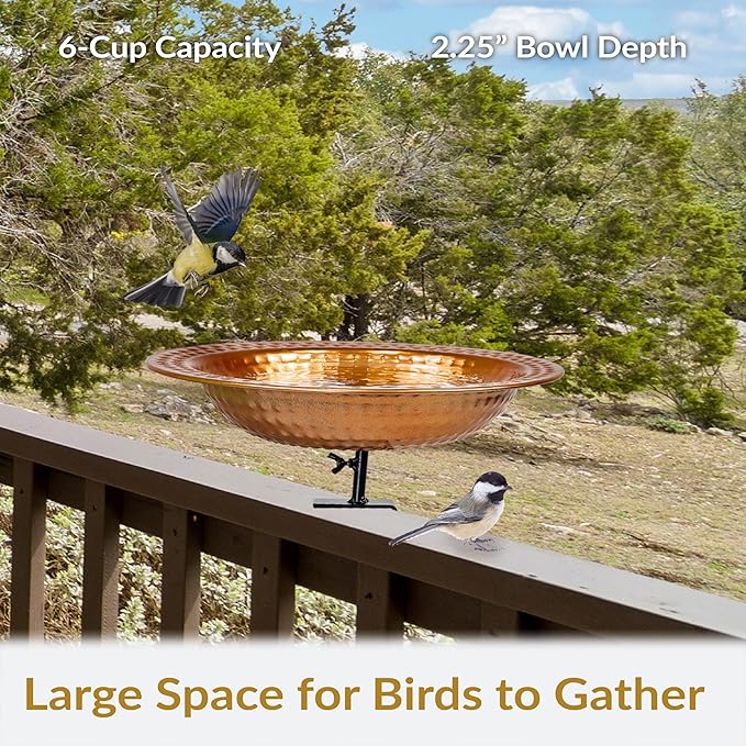 Sunnydaze Copper Bird Bath for Outside - Outdoor Bird Bath for Deck Railing - 12" Diameter