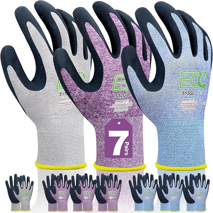 7 Pairs Women Gardening Gloves, EN388 2131X Outdoor Protective Work Gloves with Breathable Micro-Foam Coating for Gardening, General Purpose, Courtyard, 3 Purple + 3Blue +1 Grey, X-Small