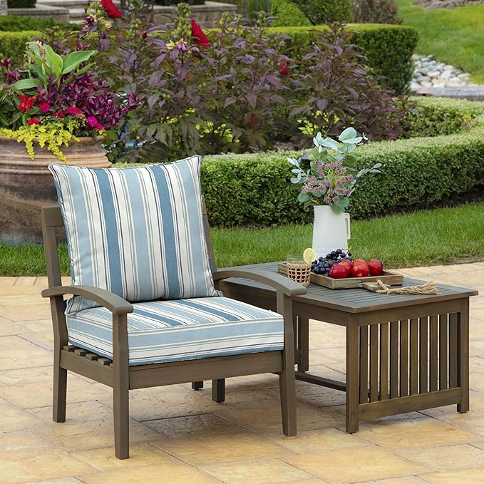 Arden Outdoor Foam Deep Seat Cushion Set, 22 in x 24 in, Weather-Proof, Rain-Proof, Fade Resistant Patio Cushion, Bottom and Back Cushion for Chair, Sofa, and Couch French Blue Linen Stripe