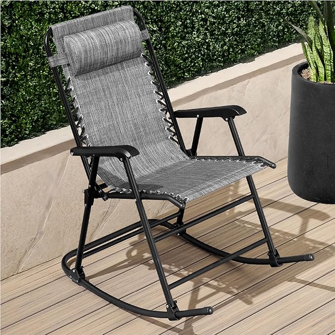 Best Choice Products Outdoor Folding Rocking Chair, Zero Gravity Lounge Chair, Patio Rocker w/Headrest Pillow - Gray